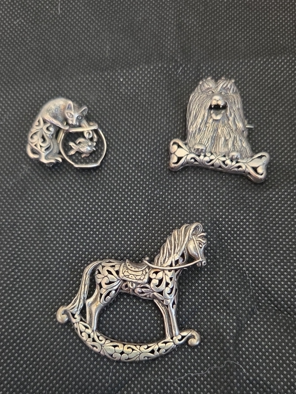 Sterling JJ Animal Brooches Set - Rocking Horse, Dog & Cat with fish.